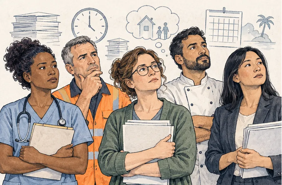 Illustration verschiedener Beschäftigter mit vielen parallelen Aufgaben